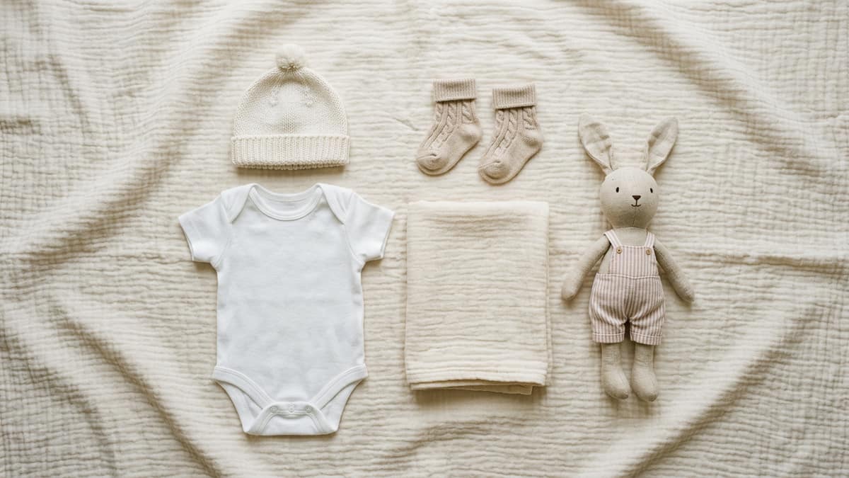 A white baby vest laid out with small socks, a knitted hat and a soft toy