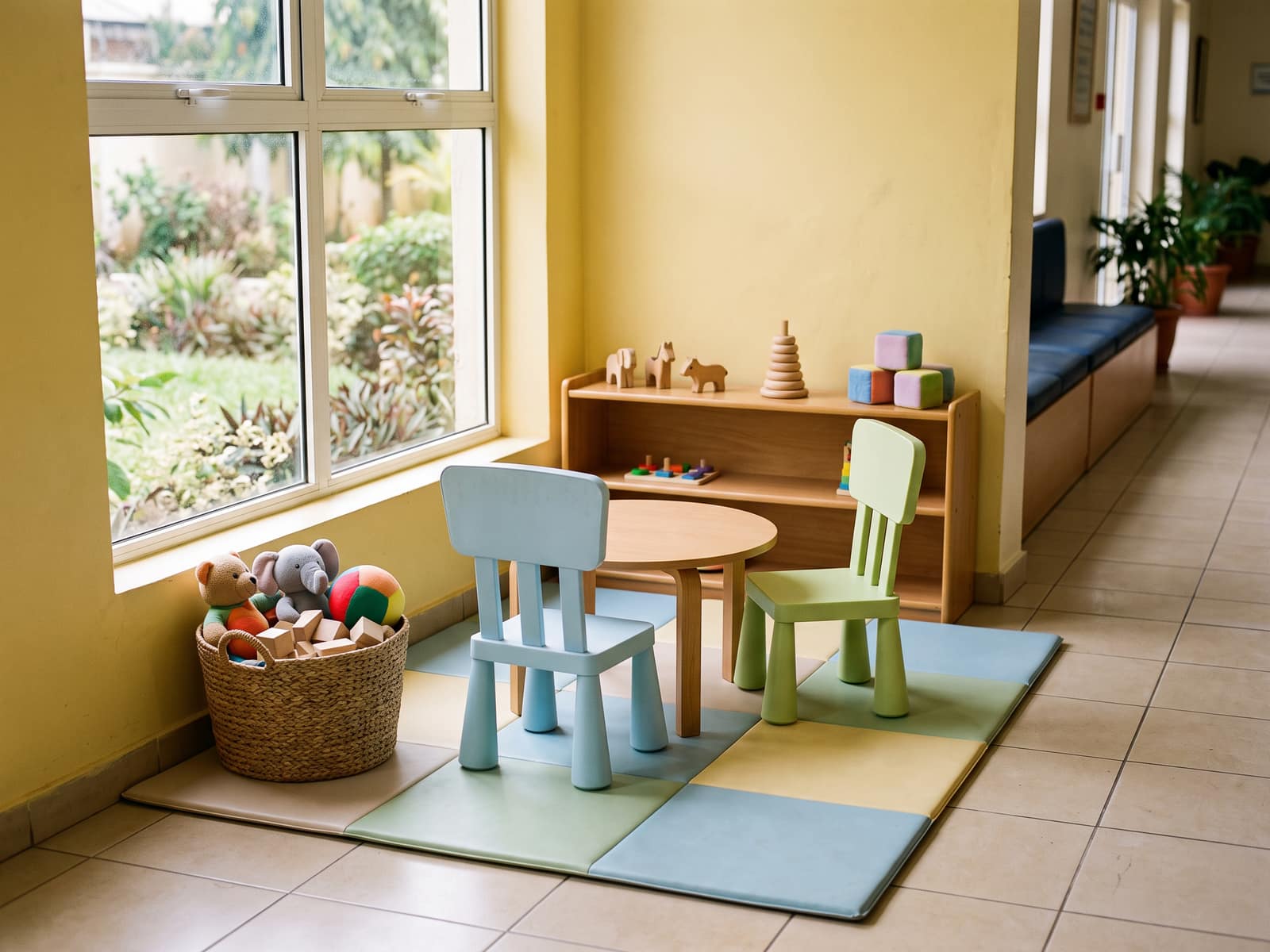 A bright children's corner in a waiting room, with small chairs, a play mat and soft toys