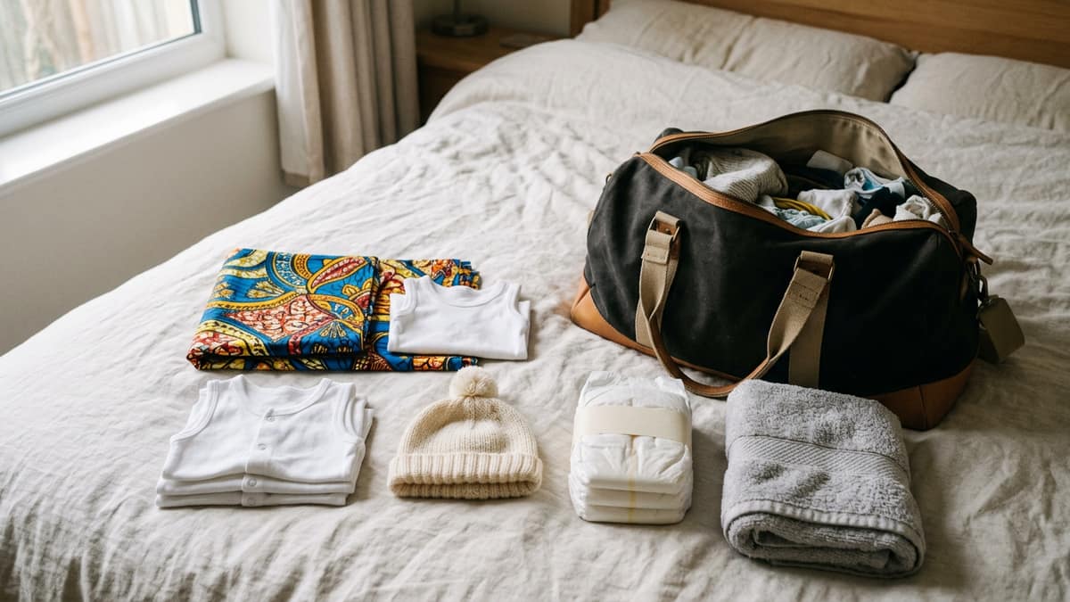 A packed hospital bag with baby clothes, a wrapper and nappies laid out beside it