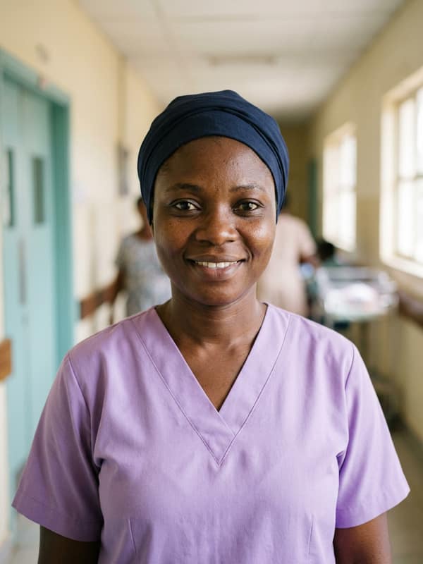 A midwife in a lilac uniform with her hair in a wrap
