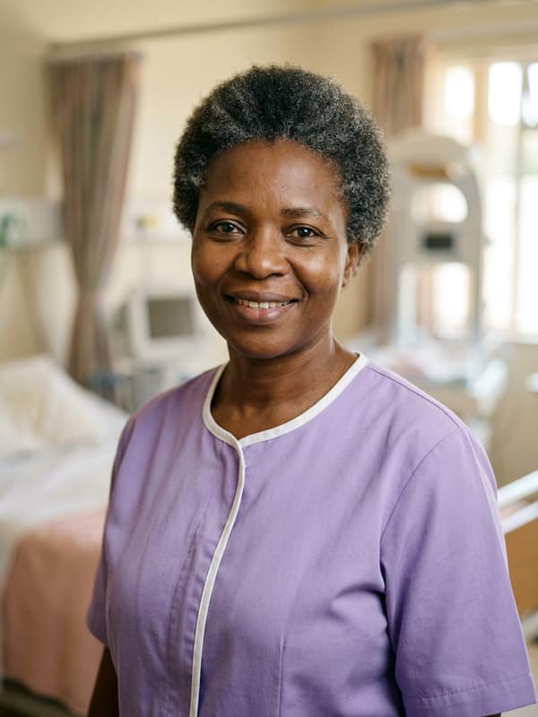 A midwife in a lilac uniform, smiling