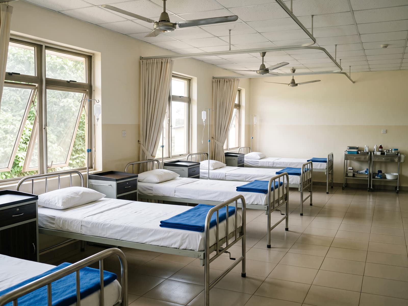 A row of made beds on a hospital ward, with curtains between them and daylight from the windows